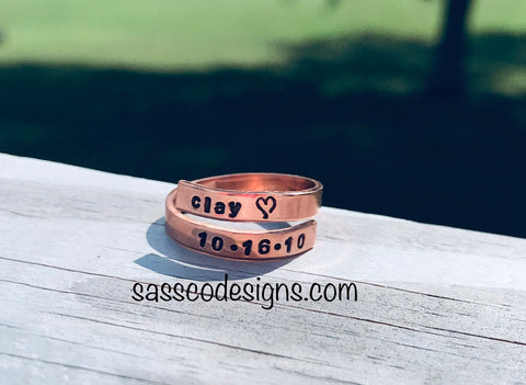 hand stamped copper wrap ring