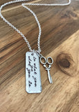 Hairstylist Necklace Scissors Jewelry Hairdresser Do what you love love what you do Cosmetology Gift Hand Stamped Custom Cursive Script