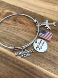 Air Force Mom Bracelet Jewelry Deployment Gift My Hero My Son Bangle Adjustable Hand Stamped Airplane American Flag Aim High Fly Fight Win