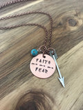 Faith Over Fear Necklace Jewelry Arrow Turquoise Copper Christian Quote Saying Gift Hand Stamped Custom Personalize Sassco Designs