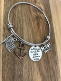 US Navy Wife Bracelet Jewelry Always Under The Same Sky Deployment Gift Copper Anchor American Flag Hand Stamped Cursive Script Military