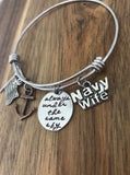 US Navy Wife Bracelet Jewelry Always Under The Same Sky Deployment Gift Copper Anchor American Flag Hand Stamped Cursive Script Military