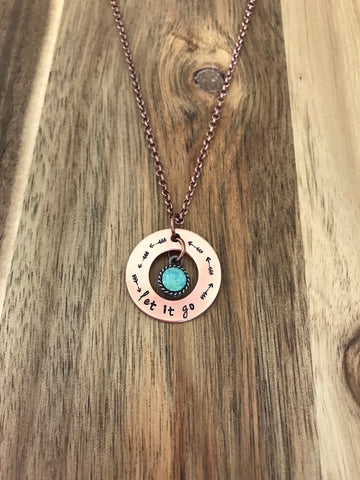 Let It Go Arrow Necklace Jewelry Handstamped Synthetic Turquoise Opal Copper Personalized Custom Gift Daily Reminder Inspirational