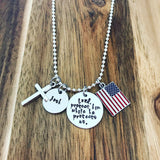 US Military Custom Personalized Lord Protect Him Her While He She Protects Us Necklace Army Marine Air Force Navy Wife Mom Gift Hand Stamped