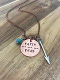 Faith Over Fear Necklace Jewelry Arrow Turquoise Copper Christian Quote Saying Gift Hand Stamped Custom Personalize Sassco Designs