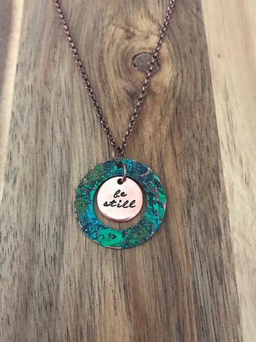 Be Still Necklace Psalm 46:10 Jewelry Copper Patina Turquoise Christian Gift Bible Verse Scripture Hand Stamped Cursive