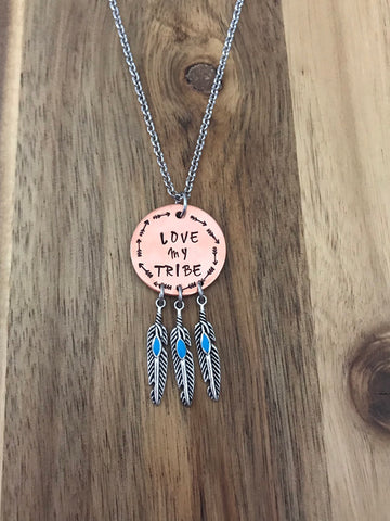Love my tribe dreamcatcher necklace turquoise feather jewelry