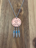Love My Tribe Necklace Dreamcatcher Jewelry Turquoise Feather Arrow Hand Stamped Gift Copper Bohemian Boho Style