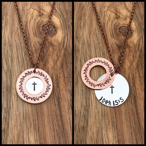 John 15:5 Necklace I Am The Vine You Are The Branches Cross Copper Bible Verse Christian Gift Scripture God Hand Stamped Jewelry Layered