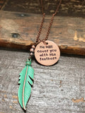 Psalm 91:4 Necklace Jewelry He Will Cover You With His Feathers Bible Verse Scripture Gift Copper Patina Christian God Hand Stamped Jewelry