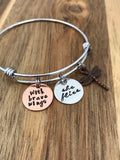 With Brave Wings She Flies Bracelet Dragonfly Jewelry Gift Hand Stamped Bangle Mixed Metal Copper Cursive Script Circles Graduation Quote