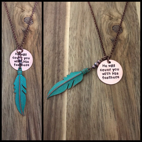 Psalm 91:4 Necklace Jewelry He Will Cover You With His Feathers Bible Verse Scripture Gift Copper Patina Christian God Hand Stamped Jewelry