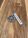Wanderlust Necklace Compass Jewelry Travel Gift Quote Hand Stamped Silver Bar Custom Cursive Script North South East West