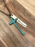 Blessed Cross Necklace Turquoise Patina Jewelry Christian Gift Cursive Script Bar Brass Antique Bronze Gold Hand Stamped Custom Personalized