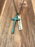 Blessed Cross Necklace Turquoise Patina Jewelry Christian Gift Cursive Script Bar Brass Antique Bronze Gold Hand Stamped Custom Personalized
