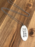 Believe In Yourself Necklace Jewelry Graduation Gift Silver Oval Hand Stamped Cursive Script Motivational Inspirational Words Daily Reminder