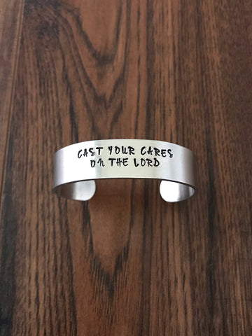 Psalm 55:22 cast your cards on the Lord bracelet stamped silver cuff