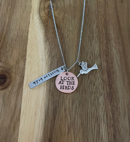 Matthew 6:26 Necklace Look At The Birds Hummingbird Bible Verse Christian Gift Scripture God Hand Stamped Handstamped Jewelry Mixed Metal Copper