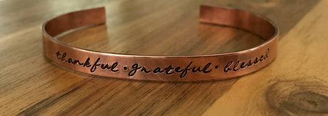 Thankful grateful blessed bracelet cursive copper cuff