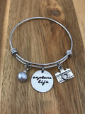 Photography Bracelet Jewelry Capture Life Camera Photographer Gift Hand Stamped Cursive Script Synthetic Opal Charm